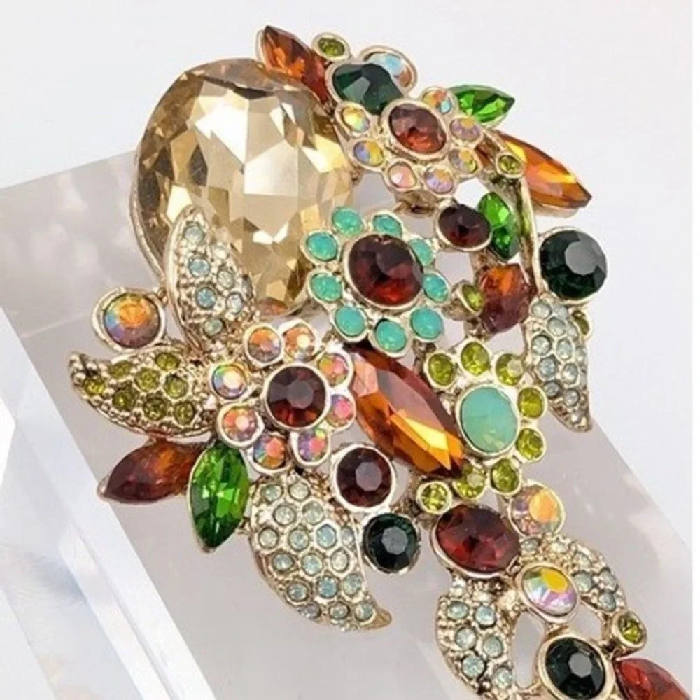 Botanical Rhinestone Brooch Pendant‎ Gold Tone Large Floral Garden Fairy Spring